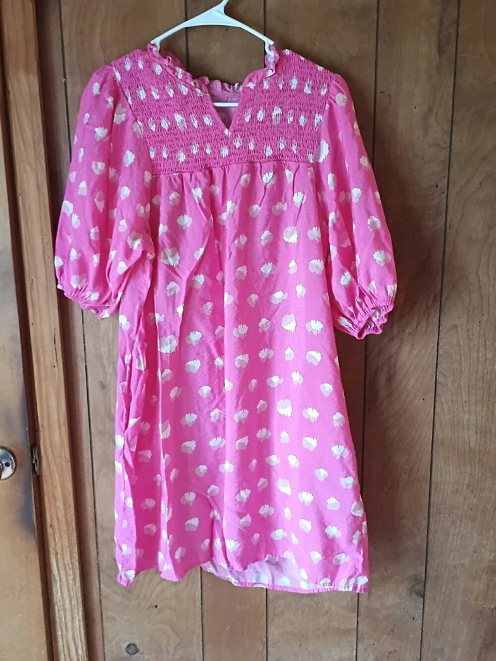 Pink Smocked Peasant Dress XL Gold Print Boho Balloon Sleeve Viscose Blend